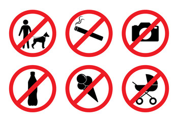 Prohibition signs. With a dog is impossible. No smoking. You can not take pictures. With alcohol is impossible. With ice cream is impossible. With the stroller can not. 
