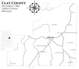 Large and detailed map of Clay county in Alabama, USA