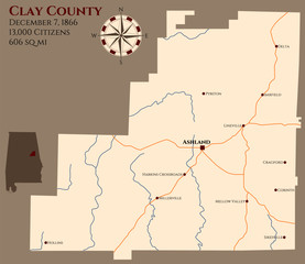 Large and detailed map of Clay county in Alabama, USA