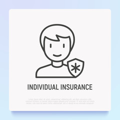 Individual insurance thin line icon. Man with medical shield. Modern vector illustration.