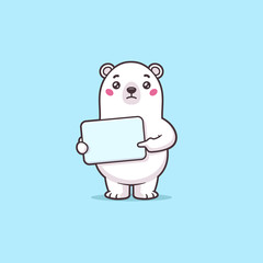 Worried polar bear cartoon character holding blank sign