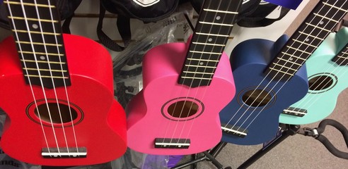 Fototapeta na wymiar Colorful ukuleles for sale