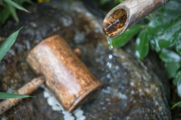 Natural wooden gutter tree fountain close-up view in Chengdu, Sichuan province, China