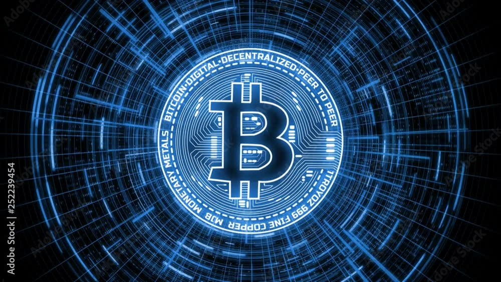 Poster futuristic modern glowing bitcoin led logo on rotating digital binary hud background. for crypto cur