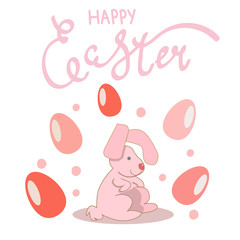 Fototapeta premium Easter pink bunny. Around the rabbit gently pink and coral eggs. Colored eggs.