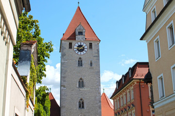View of clock tower. Medieval town Regensburg, Bavaria, Germany.  