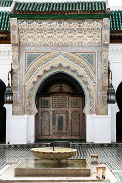 Monumental carved doorway and ablutions basin, Karaouiyine Mosque, Fez Medina, Morocco