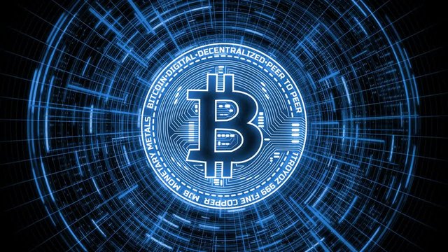 Futuristic modern glowing Bitcoin led logo on rotating digital binary hud background. For crypto currency market, coin mining, trading, web banner, promotional and advertisement. Seamless loop able