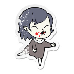 distressed sticker of a cartoon vampire girl with blood on cheek