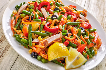 close-up of mexican salad with veggies and ham