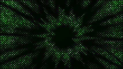 Festive shiny neon background. Halftone gradient pattern vector illustration. Explosion, salute. Glowing green dotted, green disco lights halftone texture. Pop Art comic Background. Dots background