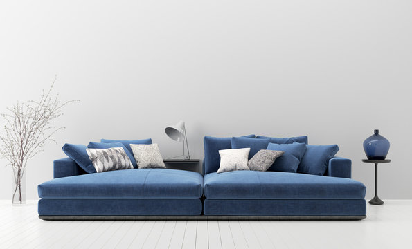 Modern living room interior with blue sofa, wall mock up, 3d render