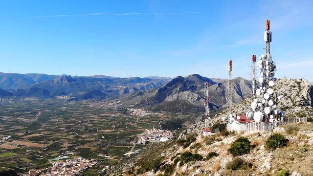 Aerial drone view of telecommunication antennas in Segaria mountain, in Marina Alta, Alicante, Spain