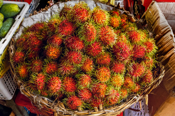 Rambutans, a popular tropical fruit named after the Malay word for hairy, Central Market, city centre, Phnom Penh, Cambodia