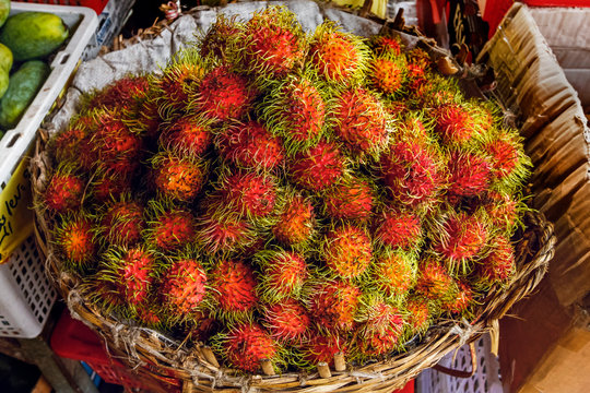 Rambutans, a popular tropical fruit named after the Malay word for hairy, Central Market, city centre, Phnom Penh, Cambodia