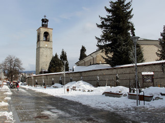Bansko, Bulgaria - February 23, 2019: Winter ski resort, Holy Trinity Church
