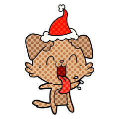 comic book style illustration of a panting dog wearing santa hat