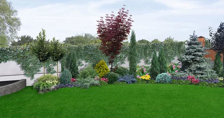 Foto op Plexiglas Tuinbouwachtergrond van de tuin van de landschapsstijl, 3D illustratie © Kostiantyn