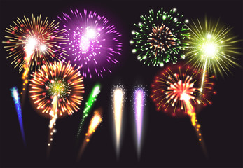 Realistic Fireworks Icon Set