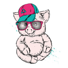 Funny pig in a cap and glasses. Cute pig. Clothes and accessories. Hipster. Vector illustration for greeting card or poster.