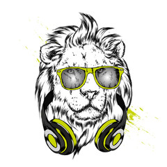 A beautiful lion wearing headphones and glasses. Predator. Vector illustration for postcard or poster, print for clothes or backpack.