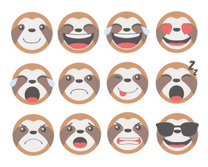 Cute cartoon Sloth animal smiley face vector emoticon set