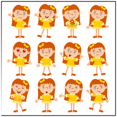 Funny girl in cartoon style in different poses isolated on white background.