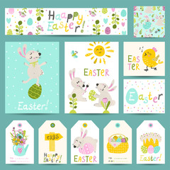Set of Easter gift labels, cards with cartoon Easter bunnies, eggs, flowers