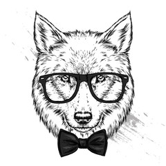 Beautiful wolf or dog with glasses and tie. Vector illustration for postcard, print on clothes. Fashion & Style. 