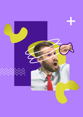 Contemporary modern art collage about surprised businessman. Success, business, achievement, progress, career concept
