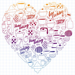 Vector set of children's kitchen and cooking drawings icons in doodle style. Painted, colorful, gradient, on a sheet of checkered paper on a white background