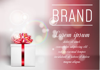 Gift box with red ribbon and bow on color background with bokeh effect