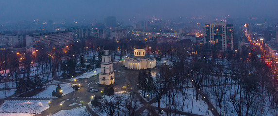 Cathedral in downtown Chisinau, aerial panoramic view. Moldova 2019