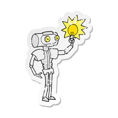 retro distressed sticker of a cartoon robot with light bulb