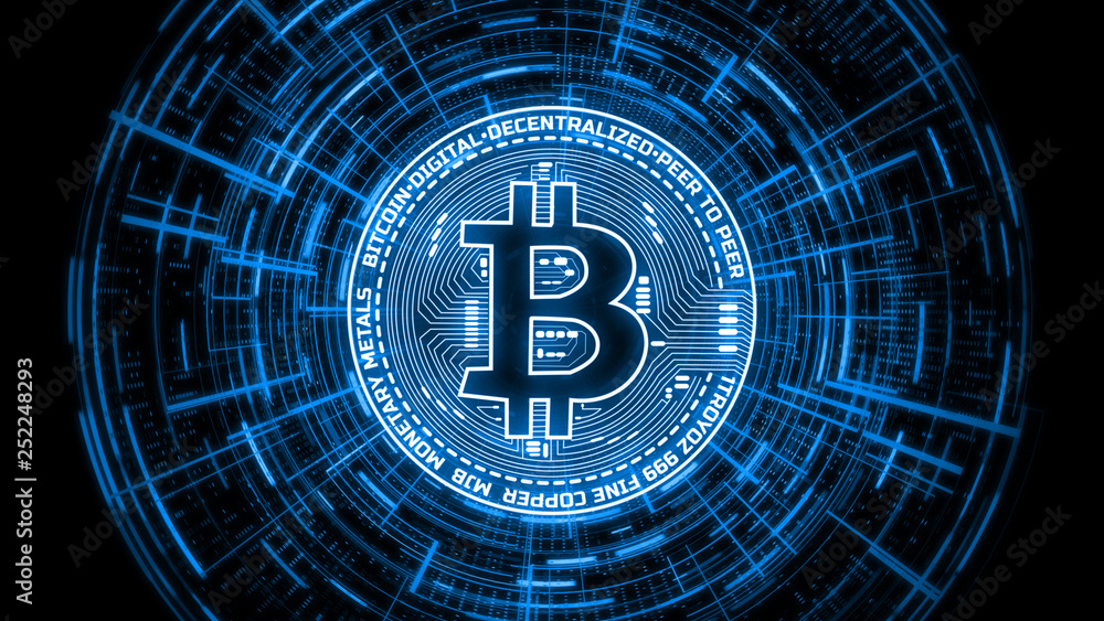 Poster 3d rendering of futuristic modern glowing bitcoin led logo on rotating digital binary hud background