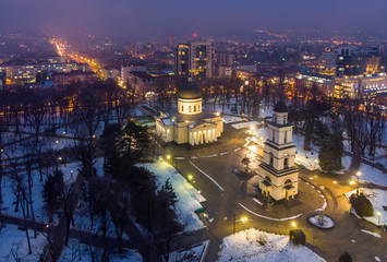 Cathedral in downtown Chisinau, aerial panoramic view. Moldova 2019