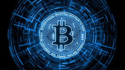 3D Rendering of futuristic modern glowing Bitcoin led logo on rotating digital binary hud background. For crypto currency market, coin mining, trading, web banner, promotional and advertisement.