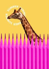 Giraffe head. Concept of summer vacations. Contemporary modern art collage