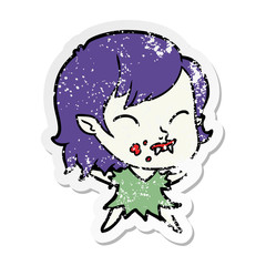 distressed sticker of a cartoon vampire girl with blood on cheek