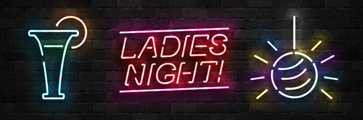 Obraz premium Vector set of realistic isolated neon sign of Ladies Night logo for template decoration and covering on the wall background. Concept of night club and party.