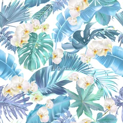 Papier peint photo autocollant rond Orchidee Modèle sans couture de vecteur avec des feuilles tropicales bleues
