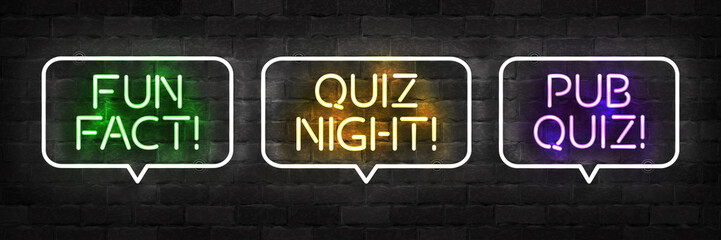 Vector set of realistic isolated neon sign of Fun Fact, Quiz Night and Pub Quiz logo for template decoration and layout covering on the wall background.