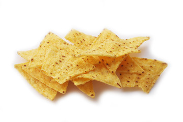 Corn Totillas chips isolated on white background. Mexican food also called Nachos