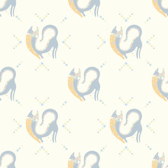 Seamless vector pattern, hand drawn decorative background with cute cats. Pastel mono color, repeating template for wallpaper, fabric, packaging, Graphic design, beautiful illustration.