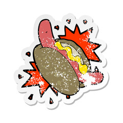 retro distressed sticker of a cartoon hotdog