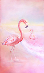 watercolor Pink flamingo at sunset