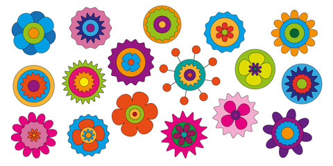 Happy colorful flowers in seventies style