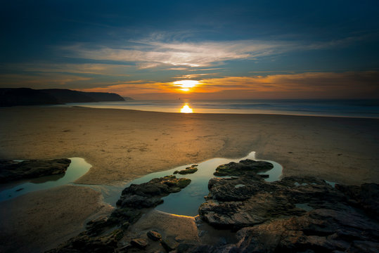 Gorgeous sunset looking across perran beach at Perranporth  Cornwall