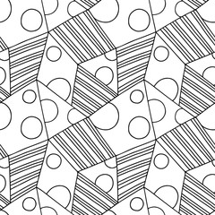 Seamless vector pattern, black and white lined asymmetric geometric background with rhombus, triangles. Print for decor, wallpaper, packaging, wrapping, fabric. Abstract graphic design. Line drawing