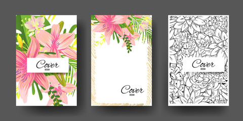 Fototapeta na wymiar Flowers background. Brochure creative with foliage design. Modern brochure cover design.